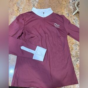 Deluxe Equestrian burgundy Long sleeve white cuff collar Base Layer Horse Riding